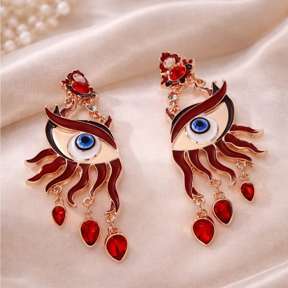 Surreal Evil Eye Art Earrings — Red & Gold Statement Drops